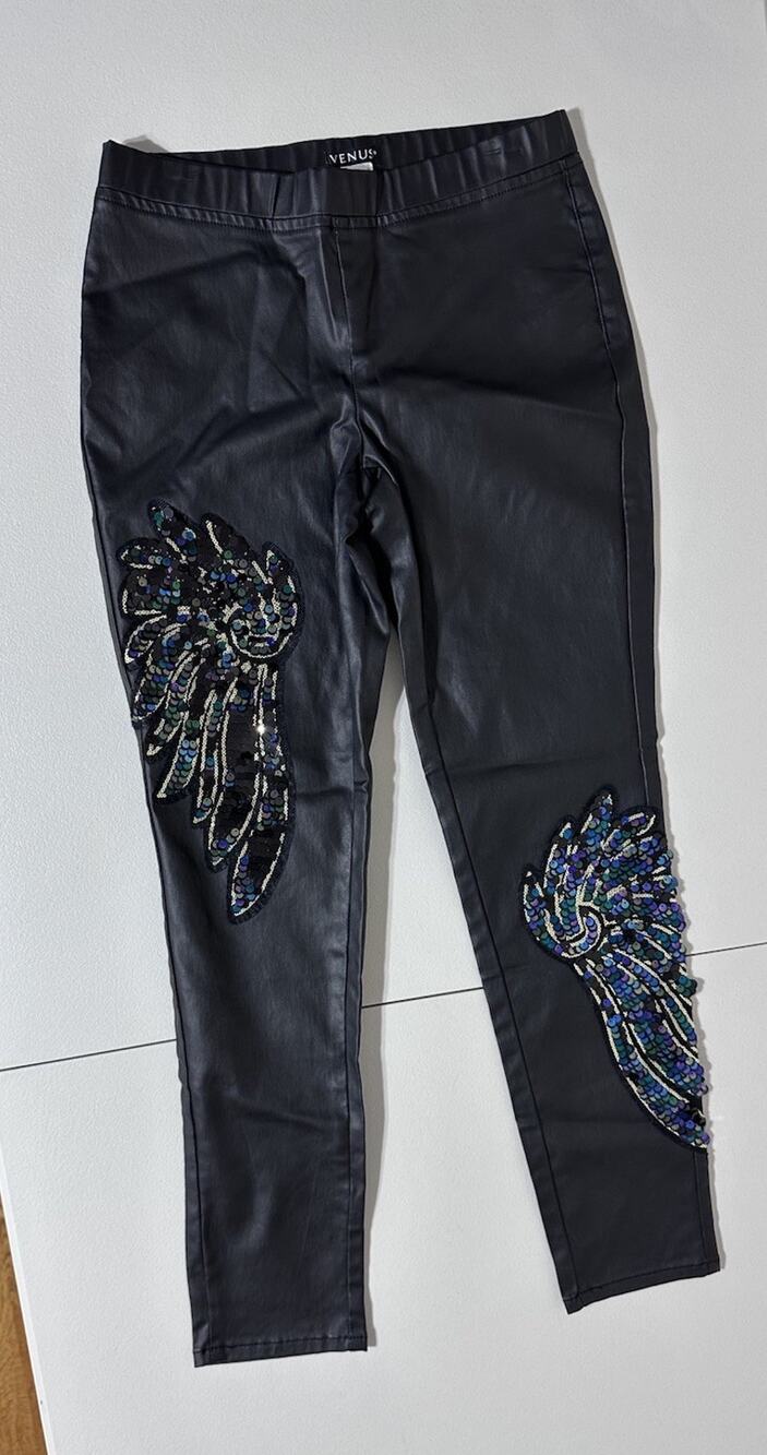 Venus Black Sequin Wing Accent Elastic Waist Faux Leather Pants 6 Marti Gra